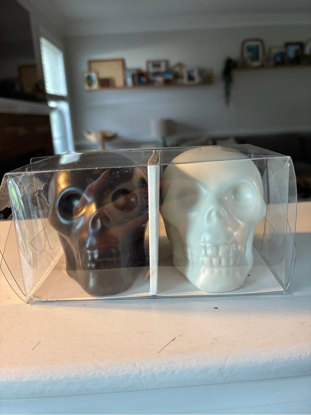 New in Box Gothic Ceramic Skull Salt and Pepper Shaker Set.
